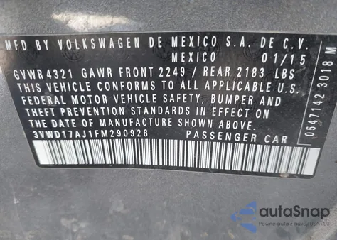 2015 Volkswagen Jetta 1.8T Se from USA, damaged, VIN 3VWD17AJ1FM290928